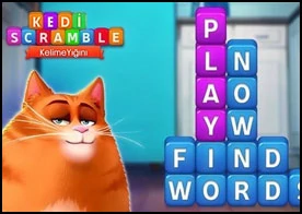 Kedi Scramble - Sevimli kediciğin gizli kelimeleri bulmasına yardım edin ipuçlarını kullanın tahtadaki kelimeleri arayın