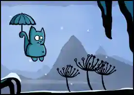 Şemsiyeli Mavi Kedi - Kayıp yünlerini arayan şemsiyeli mavi kediye zorlu yolculuğunda eşlik edin. Yön tuşlarıyla hareket et